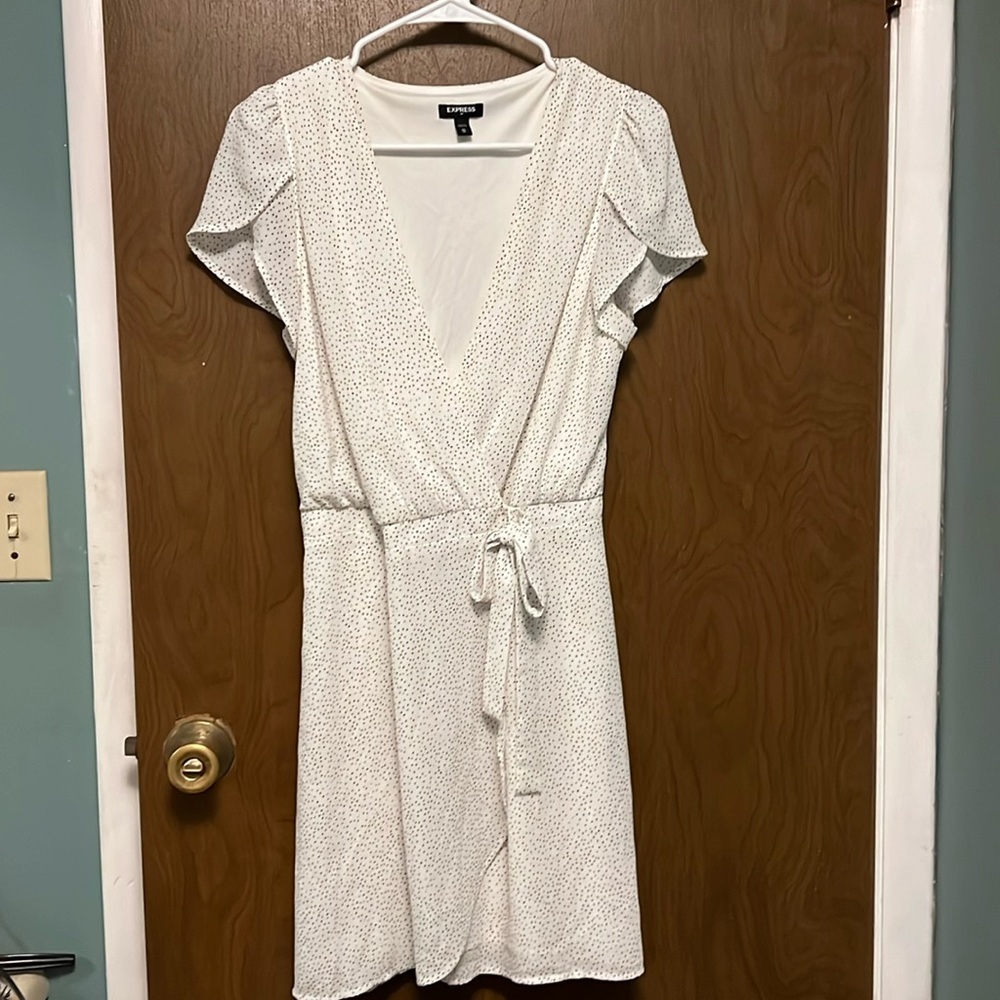 Express white with black polka dot wrap dress size M